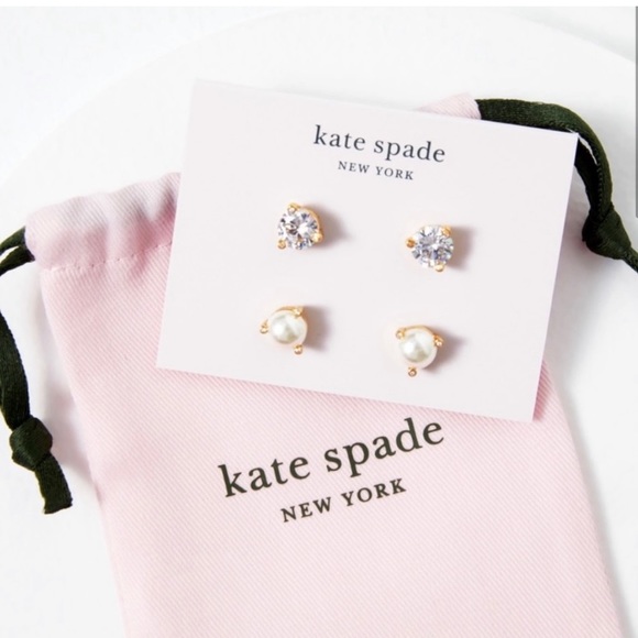 Kate Spade Rise & Shine Stud Earrings Set Of 2 Pearls Diamond Gem White